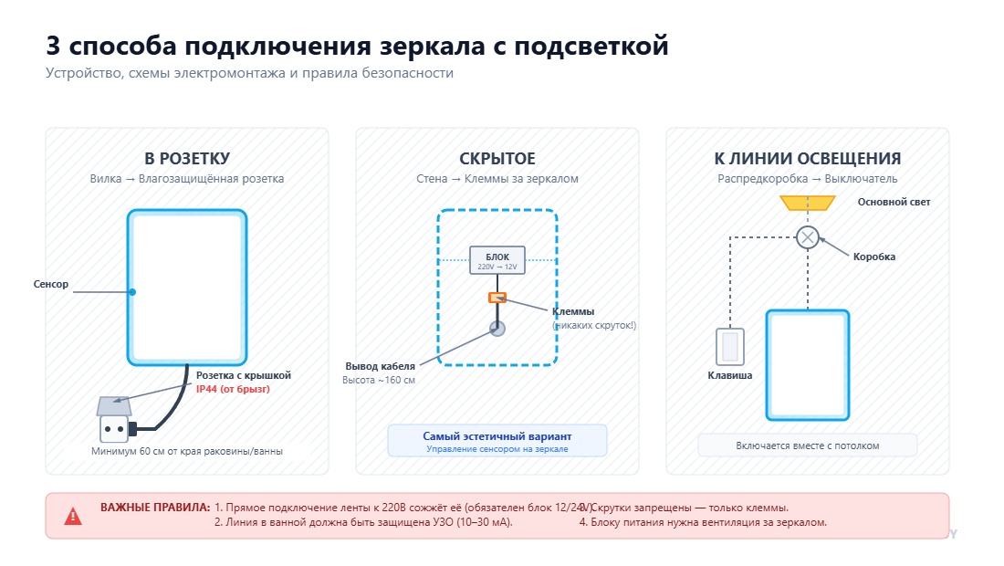 Инфографика способов подключения зеркала с подсветкой